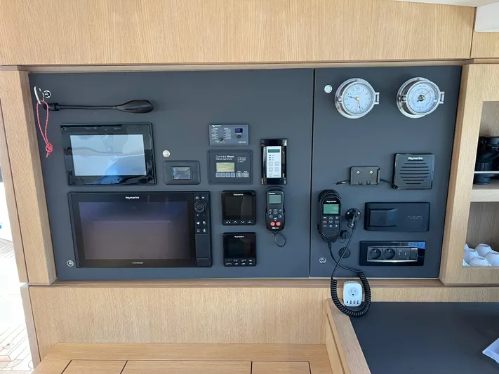 Rogue Yacht Photos Pics Control panel of 2021 Privilege 510 yacht with navigation and communication equipment.