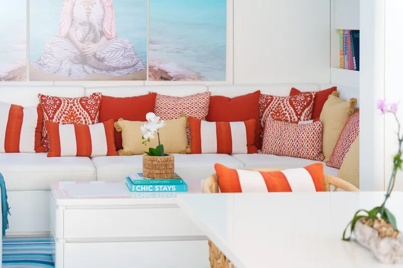 Royal Rita Yacht Photos Pics Luxurious Sunreef 70 yacht interior with vibrant cushions and modern decor, 2016 model.