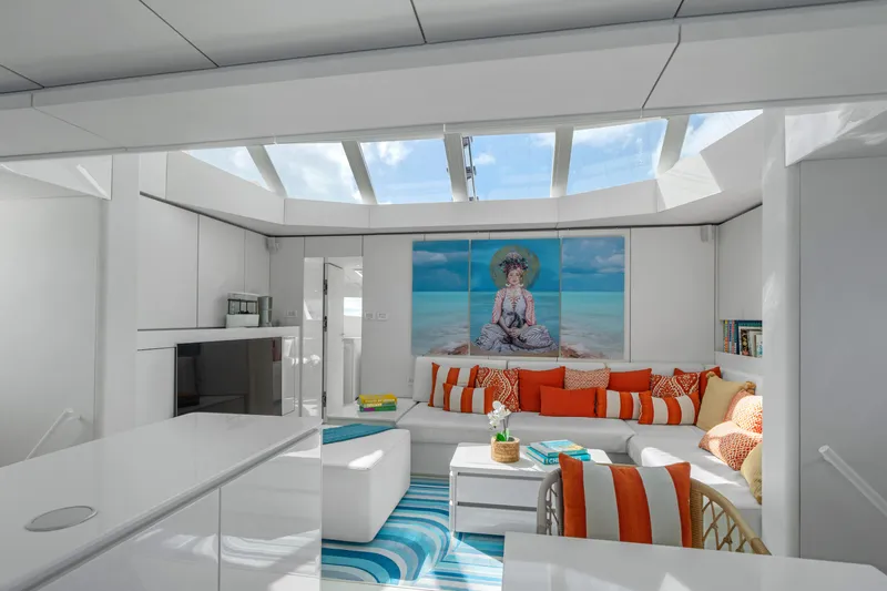Royal Rita Yacht Photos Pics Luxurious Sunreef 70 yacht interior, modern design with vibrant decor, 2016 model.