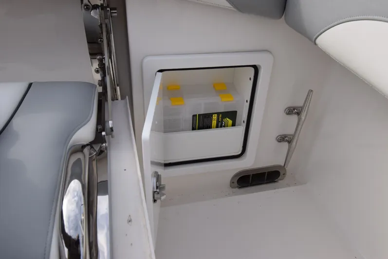 Shore Runner Yacht Photos Pics Storage compartment on 2021 Regulator 34 boat with tackle box inside.