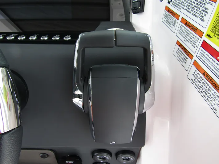  Yacht Photos Pics Throttle control of 2024 Axopar 37 Sun Top boat with warning labels.