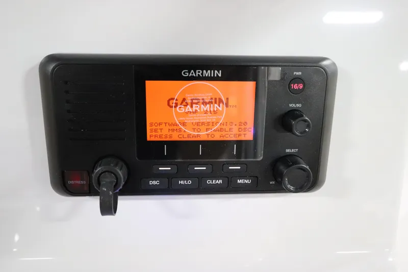  Yacht Photos Pics Garmin marine radio on 2024 SeaCraft 23CC boat, displaying software update screen.