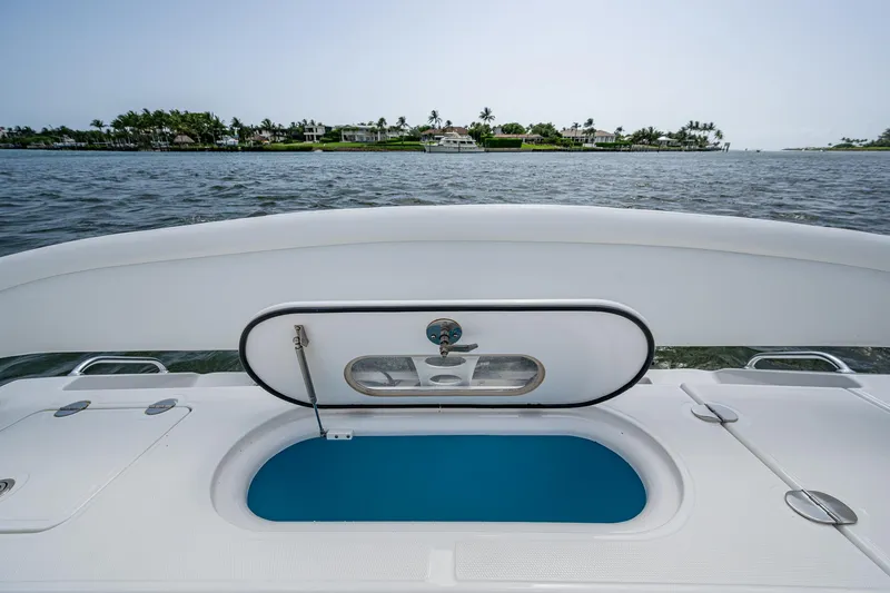 It's Time Yacht Photos Pics 2015 Bahama 41 boat with open hatch, ocean view, and distant shoreline.