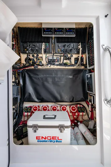 It's Time Yacht Photos Pics Electrical panel of a 2015 Bahama 41 boat with Engel cooler and wiring.
