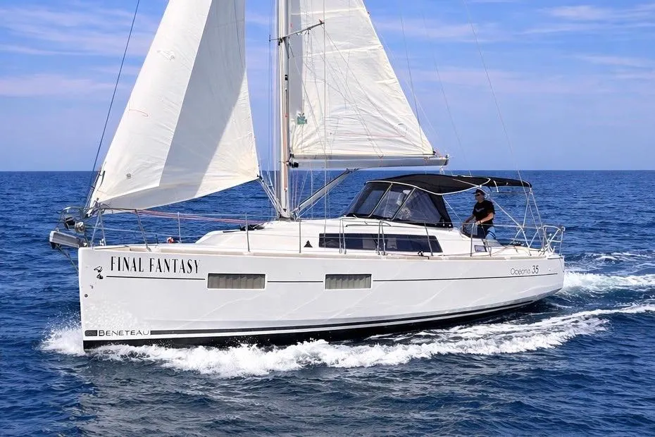 Sailing yacht "Final Fantasy" on open sea, Beneteau First 235, 2015 model.