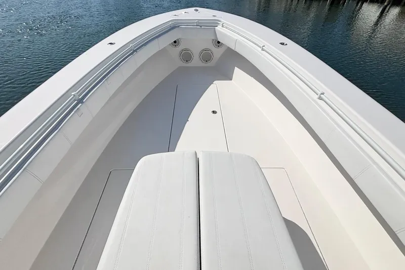  Yacht Photos Pics 2020 Contender 35 ST boat interior with sleek white seating and spacious deck.