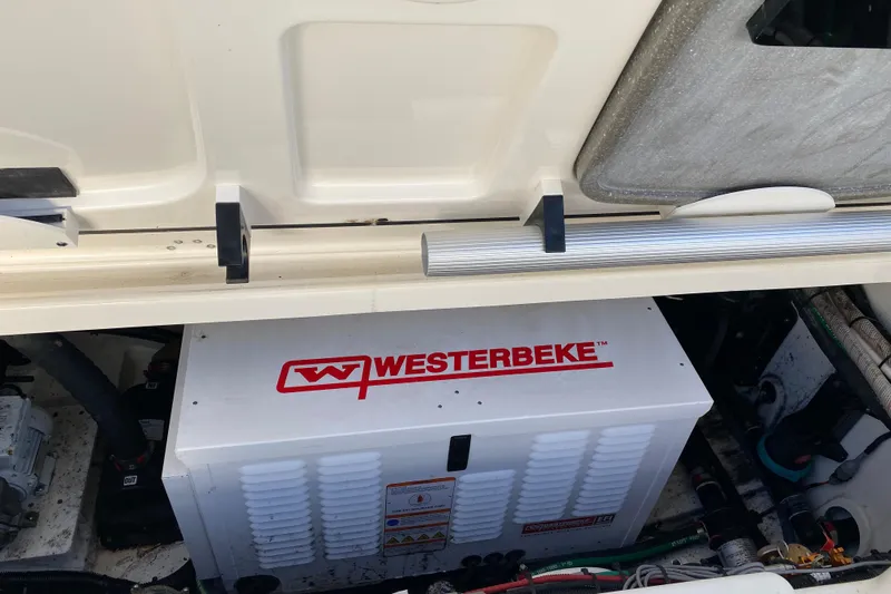  Yacht Photos Pics 2021 Boston Whaler 345 Conquest engine compartment with Westerbeke generator.