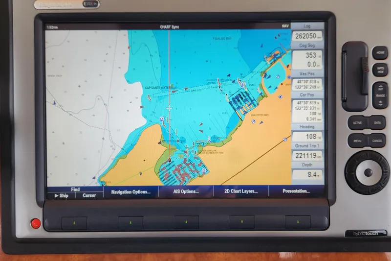 Wandering Bear Yacht Photos Pics Navigation display on 2001 Ocean Alexander Classico yacht, showing detailed marine chart.