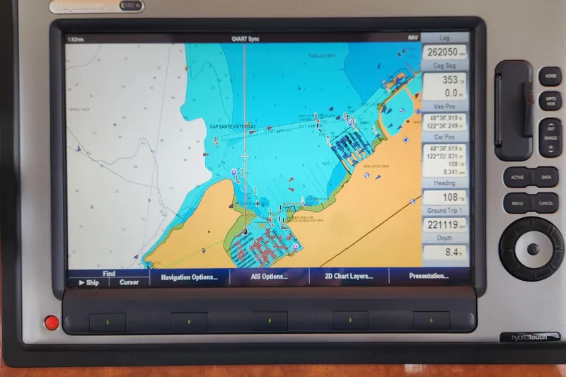 Wandering Bear Yacht Photos Pics Navigation display on 2001 Ocean Alexander Classico yacht, showing detailed marine chart.