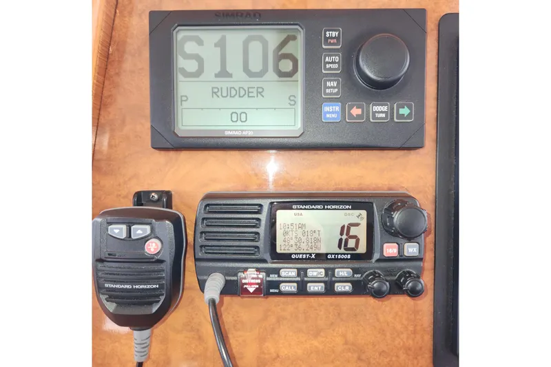 Wandering Bear Yacht Photos Pics Control panel of a 2001 Ocean Alexander Classico yacht with navigation instruments.