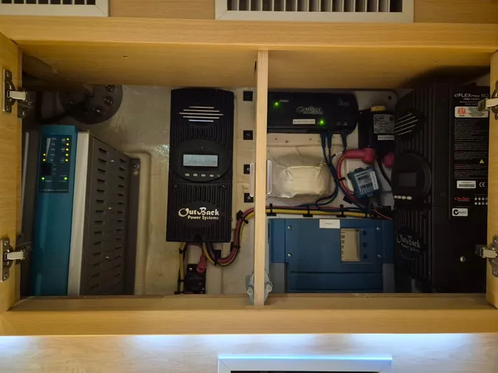 Chapter Two Yacht Photos Pics Electrical system components inside a 2014 Lagoon 450 yacht cabinet.