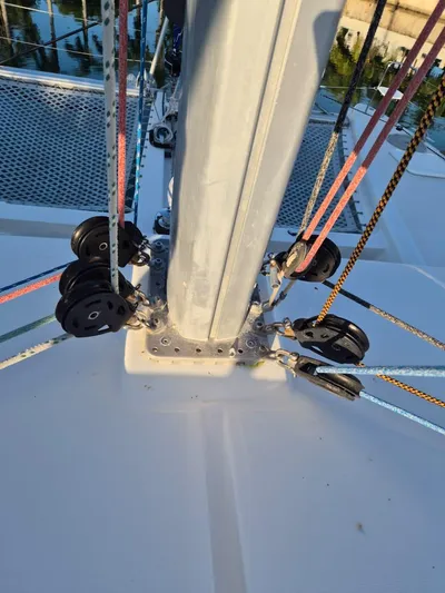 Chapter Two Yacht Photos Pics Close-up of rigging on a 2014 Lagoon 450 catamaran sailboat.