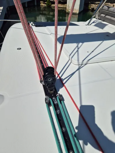 Chapter Two Yacht Photos Pics Close-up of 2014 Lagoon 450 sailboat deck with rigging and ropes.