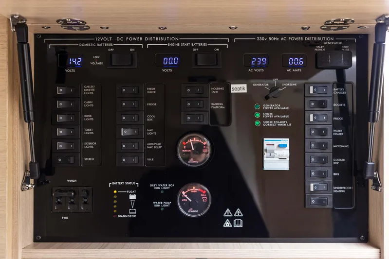 V40188 Yacht Photos Pics Control panel of a 2024 Princess V40 yacht, displaying power distribution and system indicators.