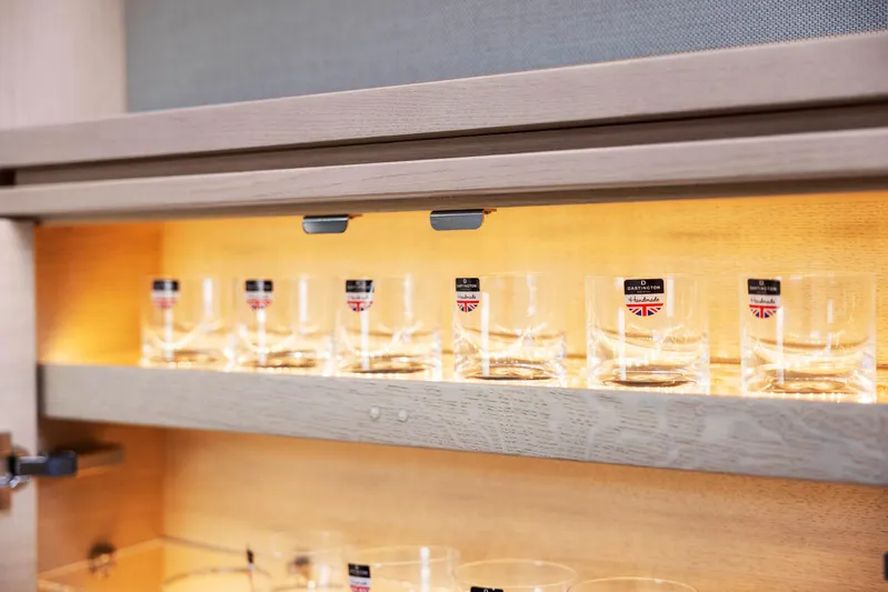 V40188 Yacht Photos Pics Illuminated glassware shelf in 2024 Princess V40 yacht interior.