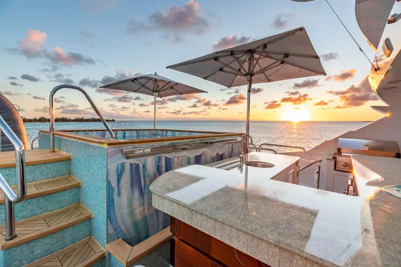 Impromptu Yacht Photos Pics Luxury 2011 Trinity Yachts CUSTOM with hot tub and sunset ocean view.