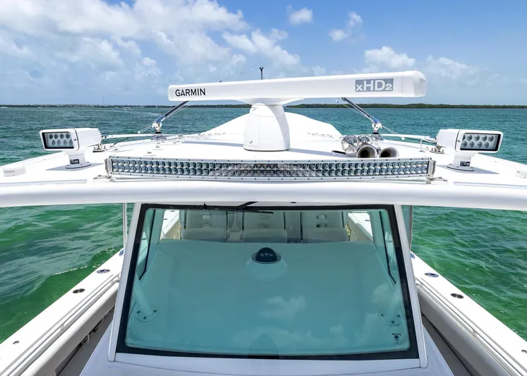  Yacht Photos Pics 2021 HCB 53 Sueños boat with Garmin radar on open water.