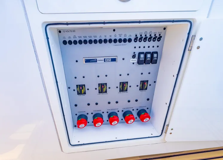  Yacht Photos Pics Electrical control panel on a 2021 HCB 53 Sueños boat, featuring switches and circuit breakers.