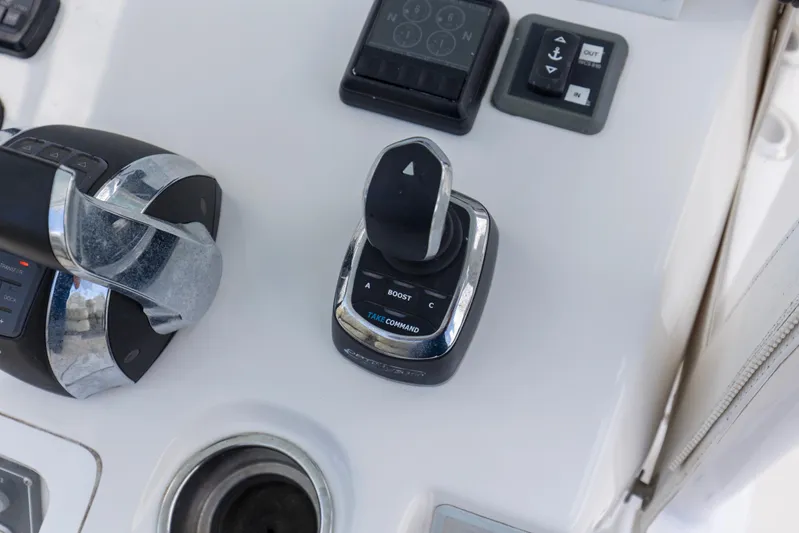  Yacht Photos Pics Control panel of 2020 Invincible 39 Open Fisherman boat with throttle and joystick.