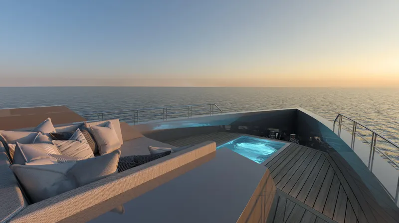 Project Hekate P372 Yacht Photos Pics Luxury Aegean Yacht Tigershark 2025 with ocean view and jacuzzi at sunset.