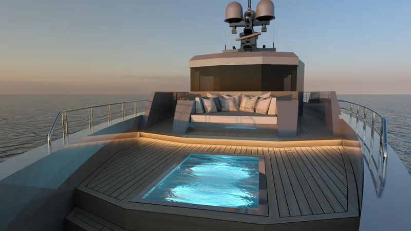 Project Hekate P372 Yacht Photos Pics Luxury Aegean Yacht Tigershark 2025 with deck pool and seating area at sunset.