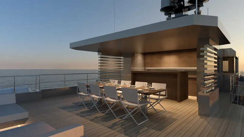 Project Hekate P372 Yacht Photos Pics Luxury dining area on the 2025 Aegean Yacht Tigershark at sunset.