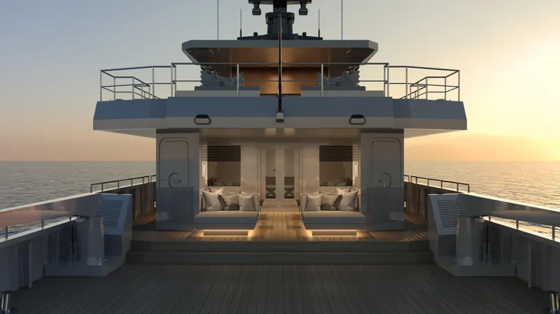 Project Hekate P372 Yacht Photos Pics Luxury Aegean Yacht Tigershark 2025 at sunset, featuring elegant outdoor seating.
