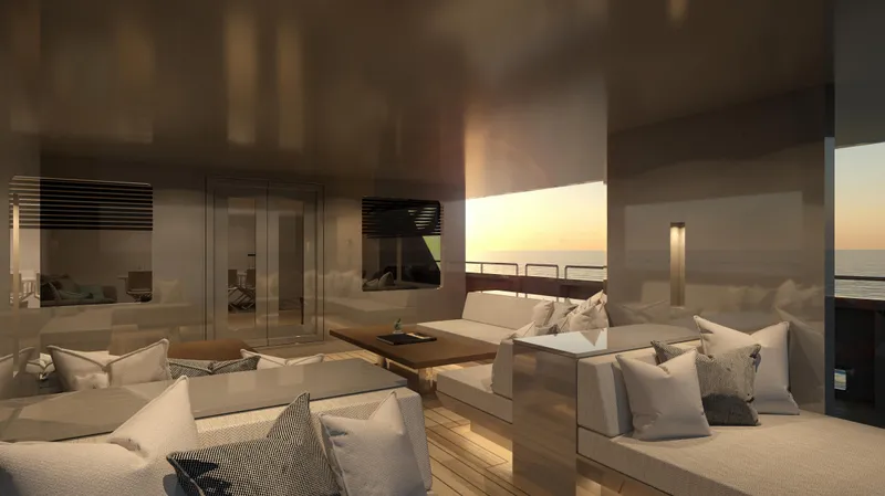 Project Hekate P372 Yacht Photos Pics Luxurious interior of the 2025 Aegean Yacht Tigershark at sunset.