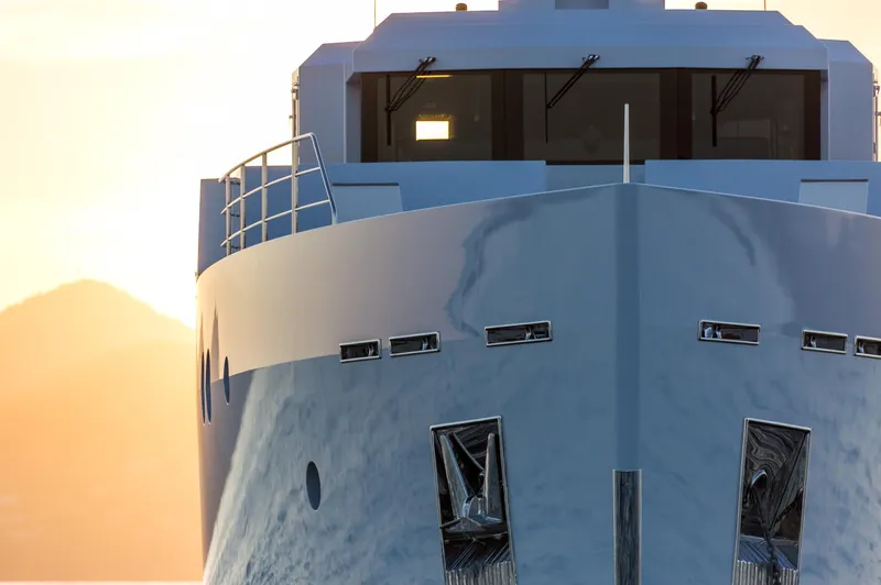 Project Hekate P372 Yacht Photos Pics Front view of 2025 Aegean Yacht Tigershark at sunset.