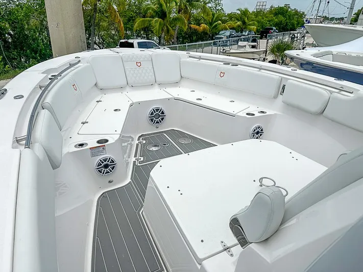  Yacht Photos Pics 2024 Sea Fox 328 Commander boat interior with spacious seating and modern design.