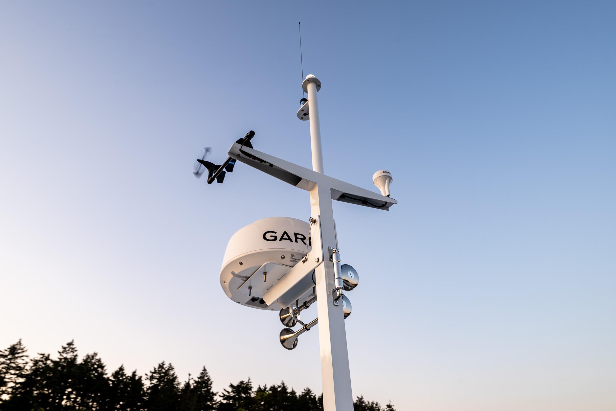 Radar and navigation equipment on SeaPiper 37, 2025 model, against a clear sky.