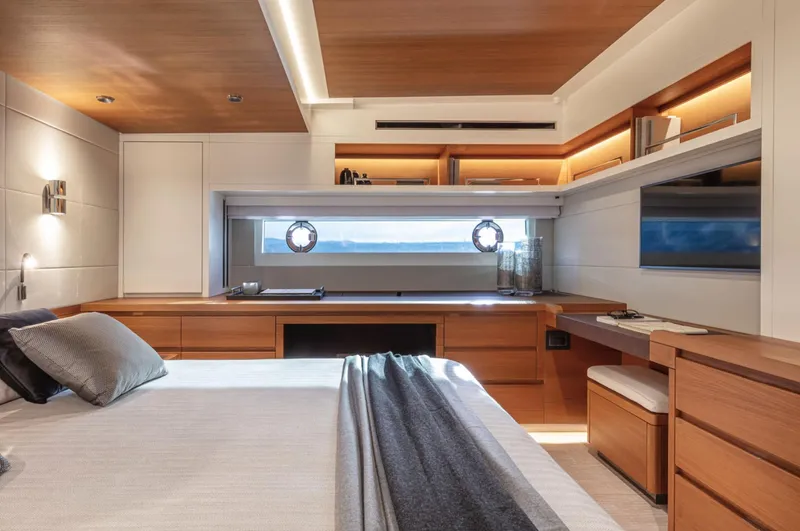 Dolce Vita Yacht Photos Pics Luxurious cabin interior of 2024 Pardo Yachts Endurance 60, featuring modern design and elegant furnishings.