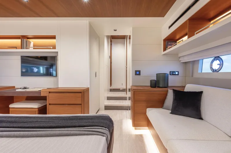 Dolce Vita Yacht Photos Pics Luxurious interior of 2024 Pardo Yachts Endurance 60, featuring modern design and elegant furnishings.