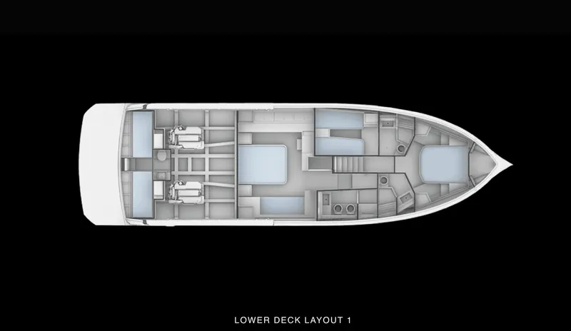 Dolce Vita Yacht Photos Pics Lower deck layout of 2024 Pardo Yachts Endurance 60, featuring cabins and amenities.