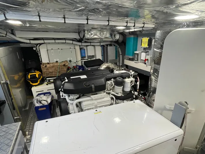 Dolce Vita Yacht Photos Pics Engine room of 2024 Pardo Yachts Endurance 60, featuring modern equipment and organized storage.