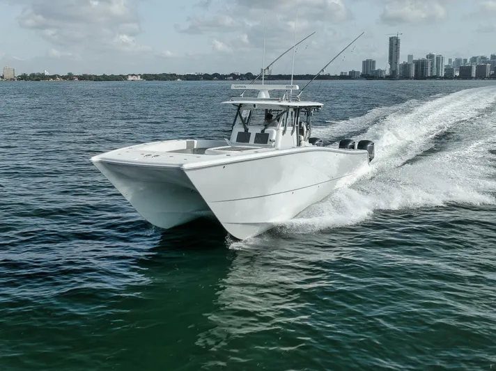 Due East Yacht Photos Pics 2017 Freeman 42LR catamaran cruising on open water near city skyline.