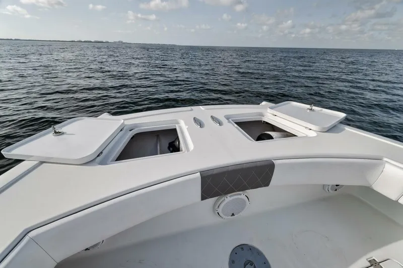 Due East Yacht Photos Pics 2017 Freeman 42LR boat deck with open storage compartments on calm ocean waters.