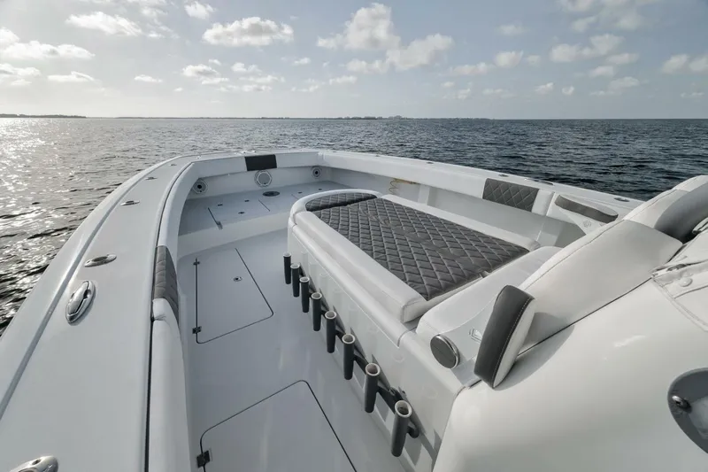 Due East Yacht Photos Pics Freeman 42LR 2017 boat on open water, featuring spacious deck and seating.