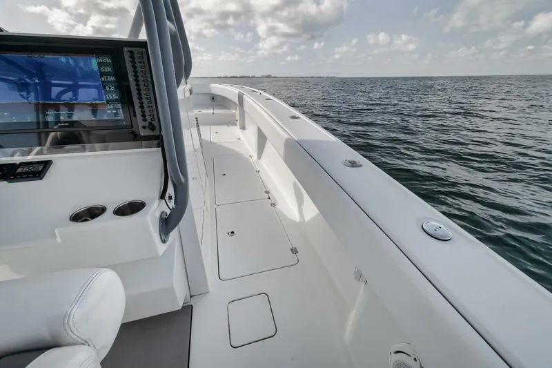 Due East Yacht Photos Pics Freeman 42LR boat deck, 2017 model, with ocean view and navigation equipment.