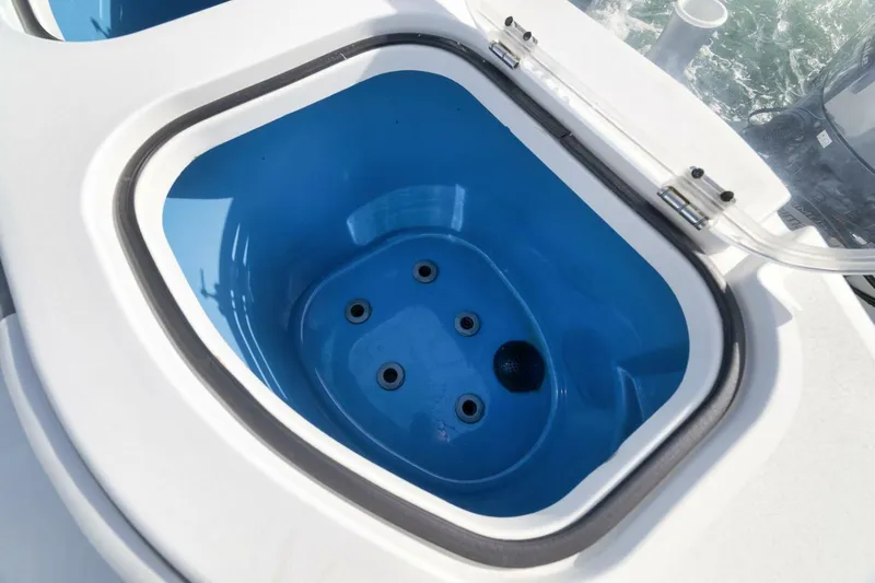 Due East Yacht Photos Pics Livewell on a 2017 Freeman 42LR boat, featuring a blue interior and multiple water inlets.