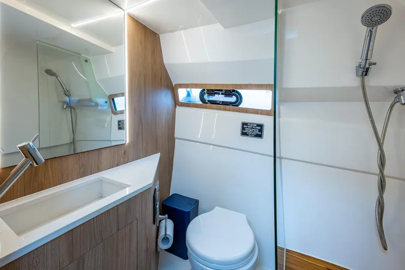 Xuru Yacht Photos Pics Modern bathroom in 2023 NX 340 yacht with sleek design and fixtures.