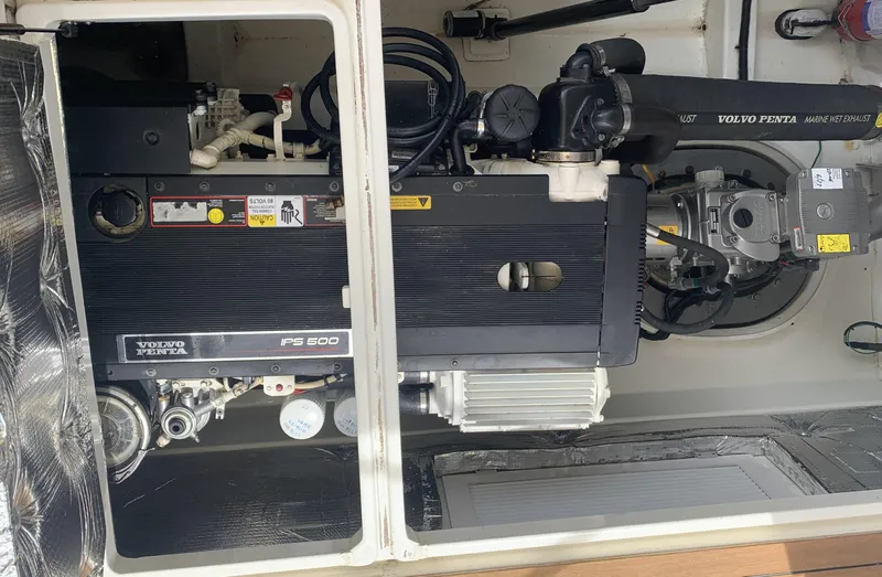 Delilah Yacht Photos Pics Engine compartment of a 2011 MJM 40z Downeast boat with Volvo Penta engine.