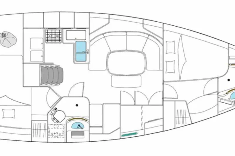 Monlove Yacht Photos Pics Floor plan of a 2007 Beneteau 393 sailboat, featuring cabins and amenities.