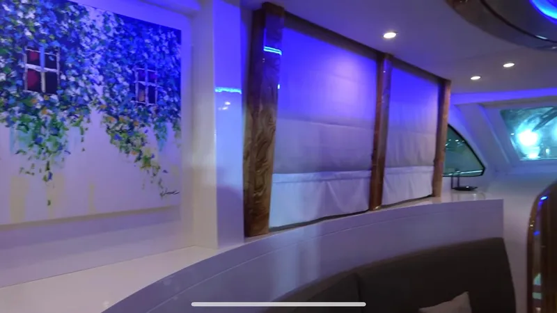 1676 Yacht Photos Pics Interior of Custom RIB 60 yacht, modern lighting, artwork on wall.