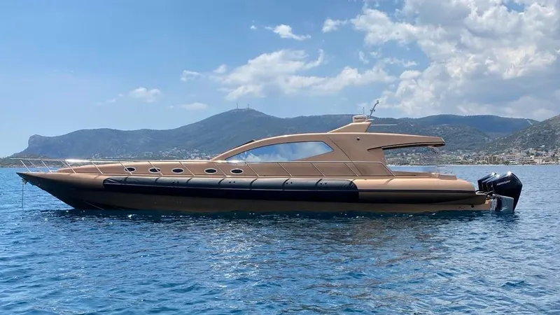 1676 Yacht Photos Pics Luxury yacht Custom RIB 60, 2023, on calm water with mountain backdrop.