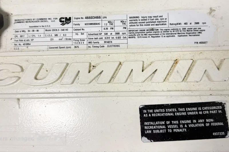 Ring Leader Yacht Photos Pics Cummins engine label on a 2007 Nordic Tug 54, detailing specifications and warnings.