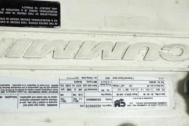 Ring Leader Yacht Photos Pics Close-up of a Cummins engine label on a 2007 Nordic Tug 54.
