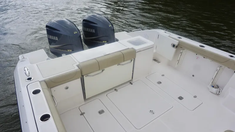  Yacht Photos Pics 2018 Pursuit OS 355 Offshore boat with twin Yamaha V8 engines on water.