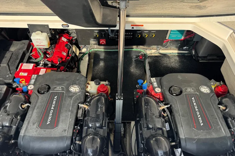  Yacht Photos Pics Engine compartment of 2021 Regal 36 Grande Coupe with Volvo Penta engines.