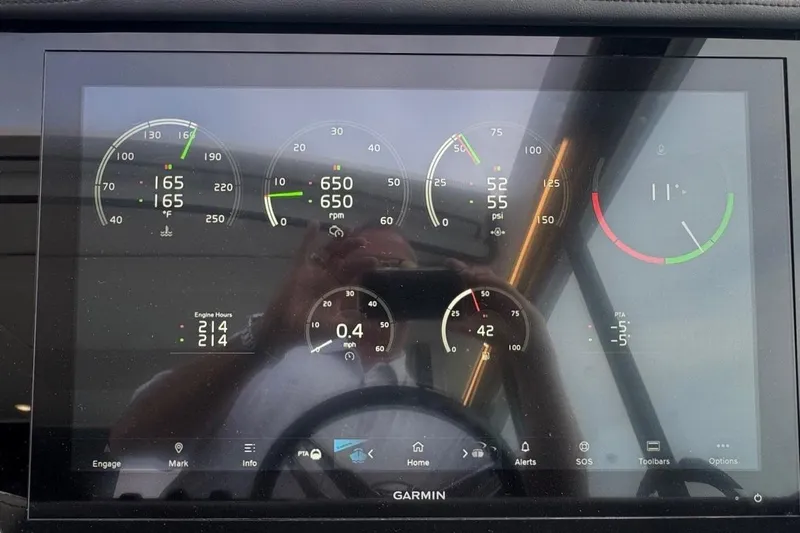  Yacht Photos Pics Dashboard display of a 2021 Regal 36 Grande Coupe with various engine metrics.